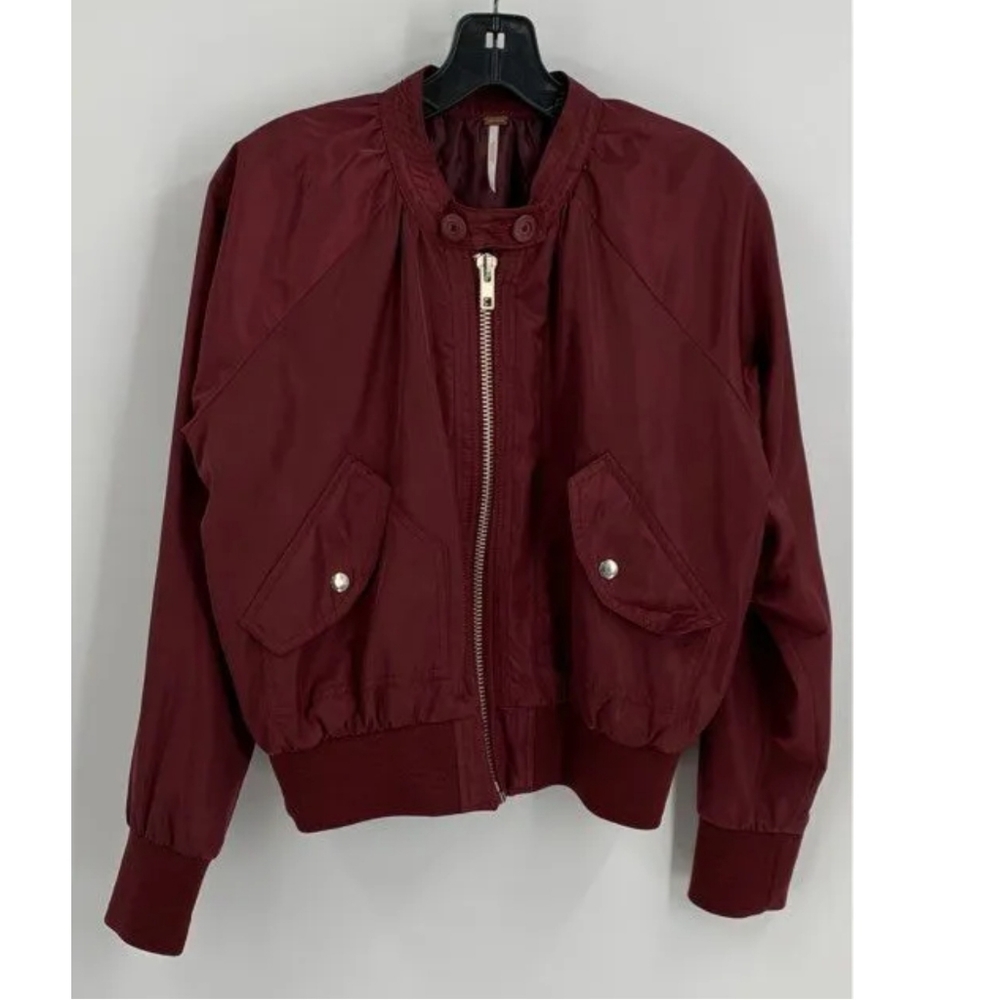 Free People Womens Wine Red Pockets Long Sleeve Full Zip Bomber Jacket Size XS